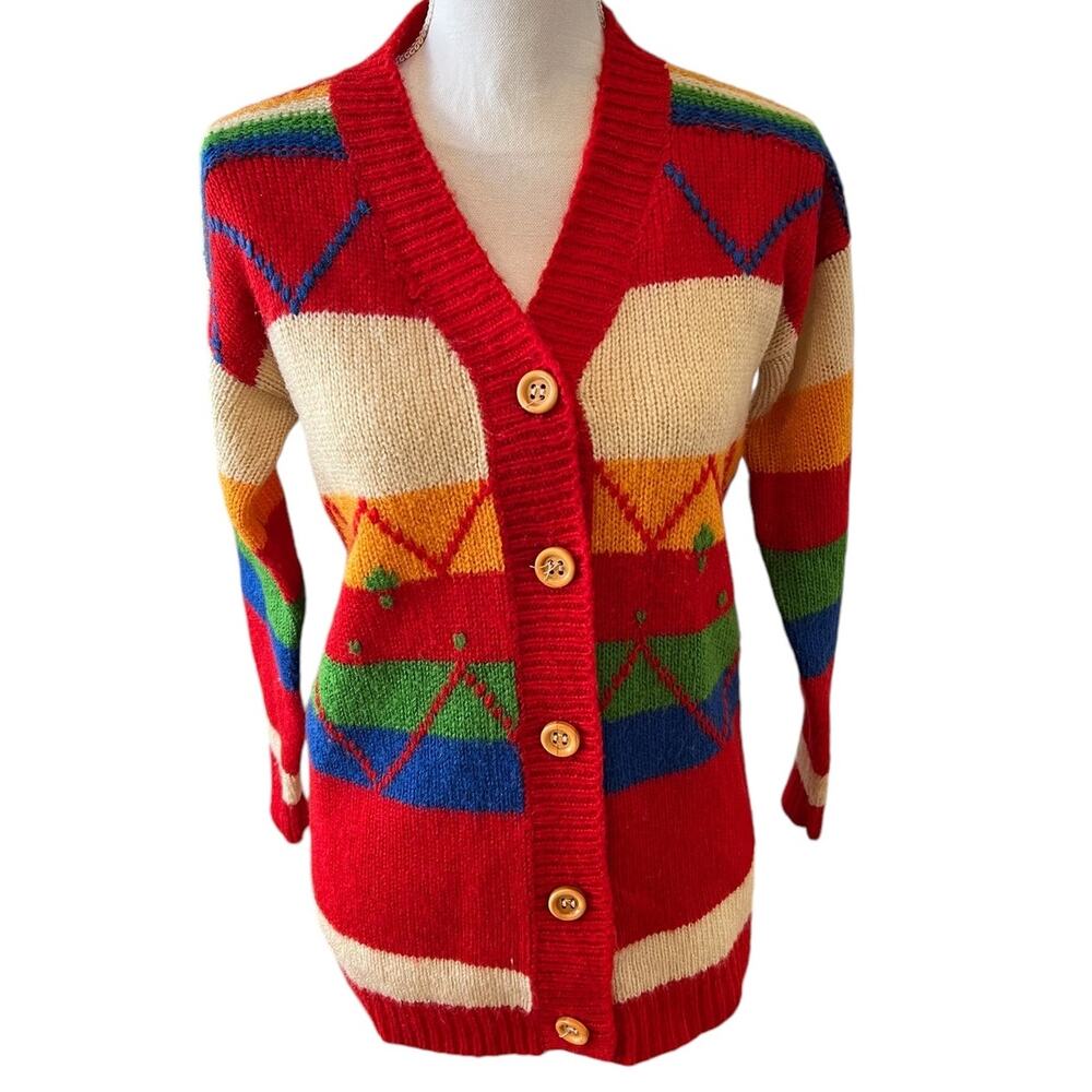 Vintage 70s Knit Acrylic Primary Color V Neck Cardigan Sweater
